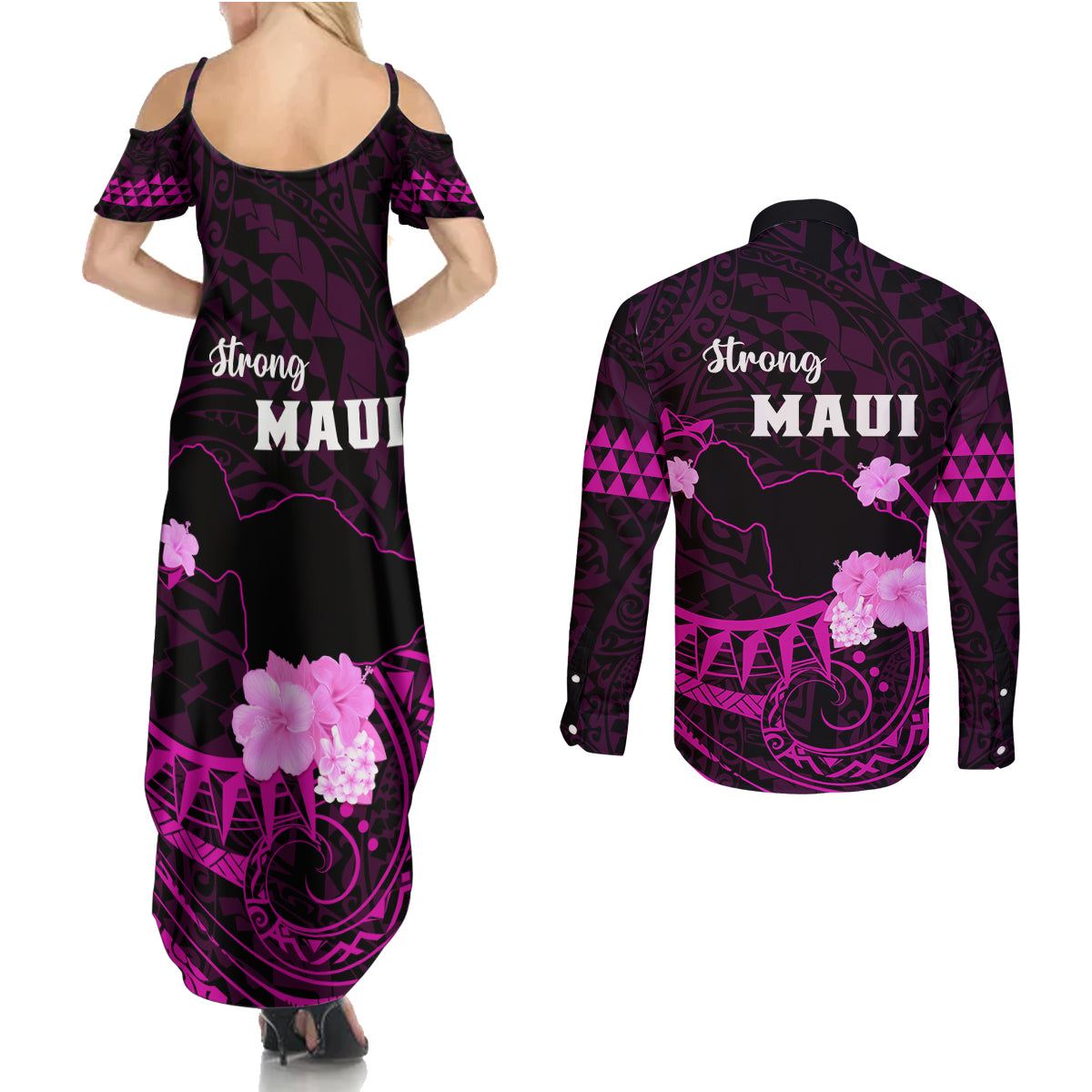 Hawaii Strong Maui Couples Matching Summer Maxi Dress and Long Sleeve Button Shirt Lahaina Is Not For Sale LT05 - Polynesian Pride