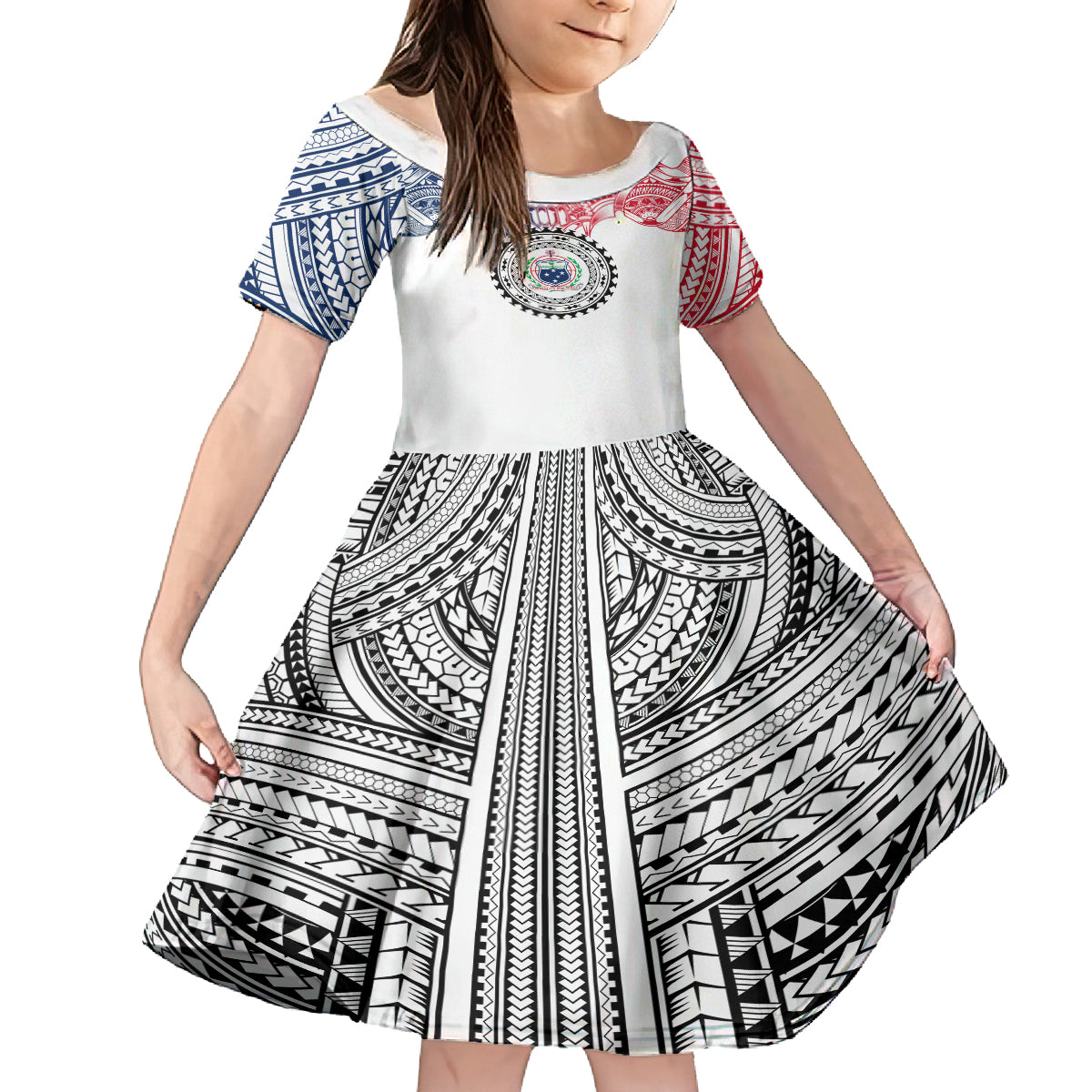 Samoa Black Saturday Family Matching Off Shoulder Long Sleeve Dress and Hawaiian Shirt Polynesian Tribal Simple Style LT05 Daughter's Dress White - Polynesian Pride
