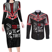 Aotearoa Toitu Te Tiriti Couples Matching Long Sleeve Bodycon Dress and Long Sleeve Button Shirt New Zealand Honour The Treaty LT05 Black - Polynesian Pride