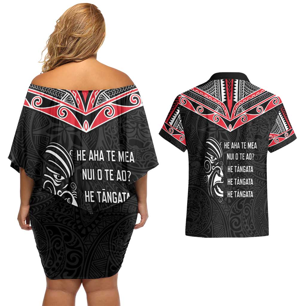 Aotearoa Toitu Te Tiriti Couples Matching Off Shoulder Short Dress and Hawaiian Shirt New Zealand Honour The Treaty LT05 - Polynesian Pride