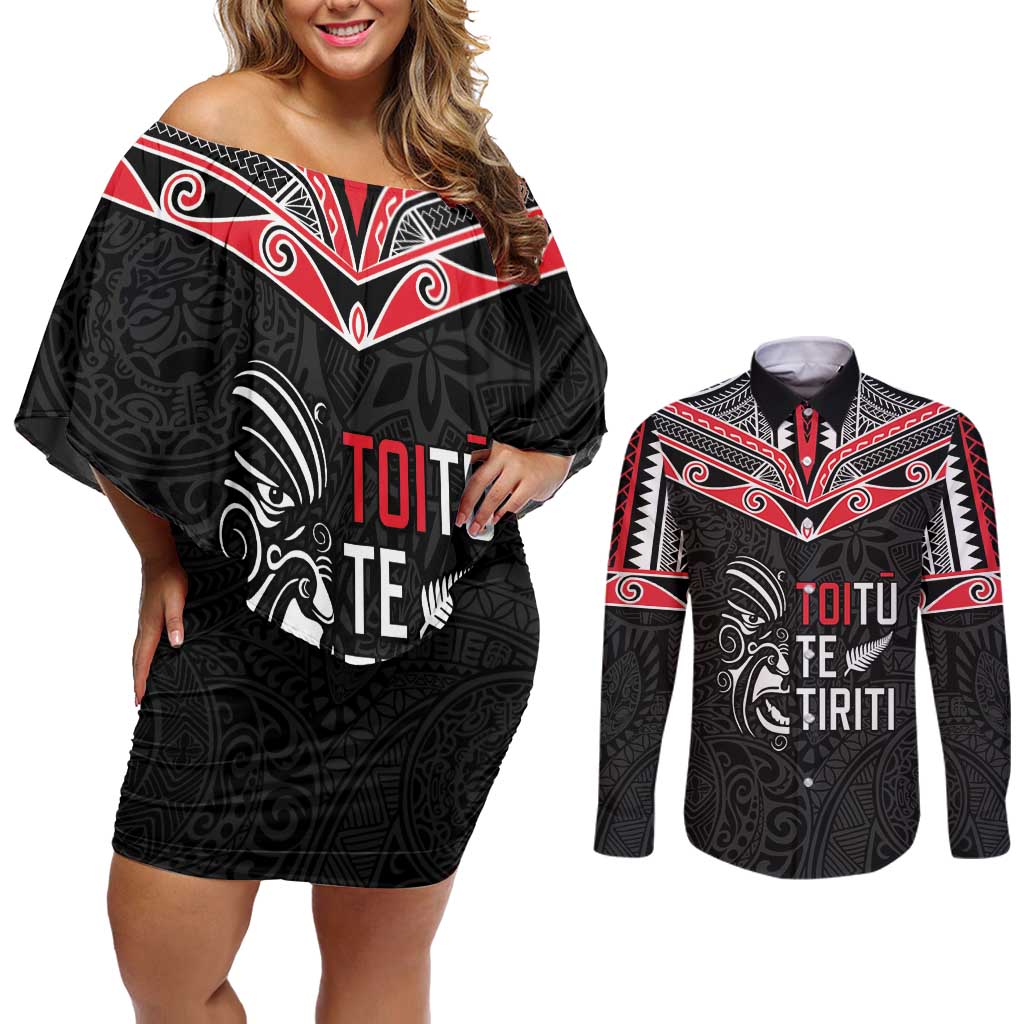 Aotearoa Toitu Te Tiriti Couples Matching Off Shoulder Short Dress and Long Sleeve Button Shirt New Zealand Honour The Treaty LT05 Black - Polynesian Pride