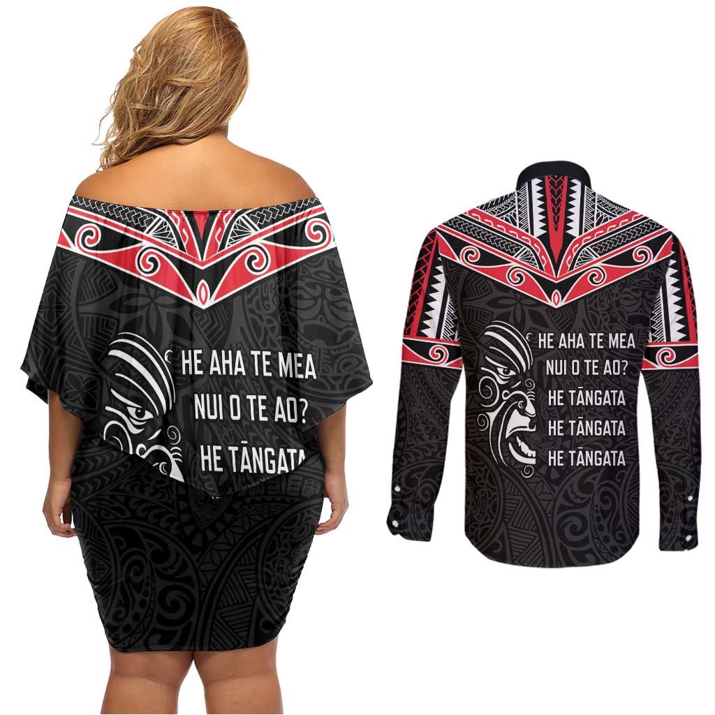 Aotearoa Toitu Te Tiriti Couples Matching Off Shoulder Short Dress and Long Sleeve Button Shirt New Zealand Honour The Treaty LT05 - Polynesian Pride