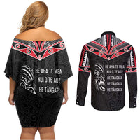 Aotearoa Toitu Te Tiriti Couples Matching Off Shoulder Short Dress and Long Sleeve Button Shirt New Zealand Honour The Treaty LT05 - Polynesian Pride