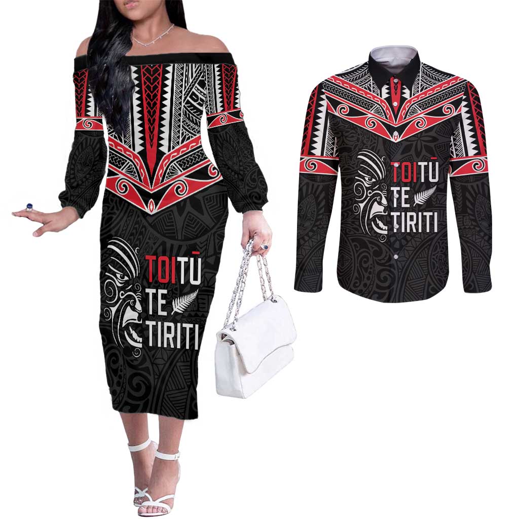 Aotearoa Toitu Te Tiriti Couples Matching Off The Shoulder Long Sleeve Dress and Long Sleeve Button Shirt New Zealand Honour The Treaty LT05 Black - Polynesian Pride