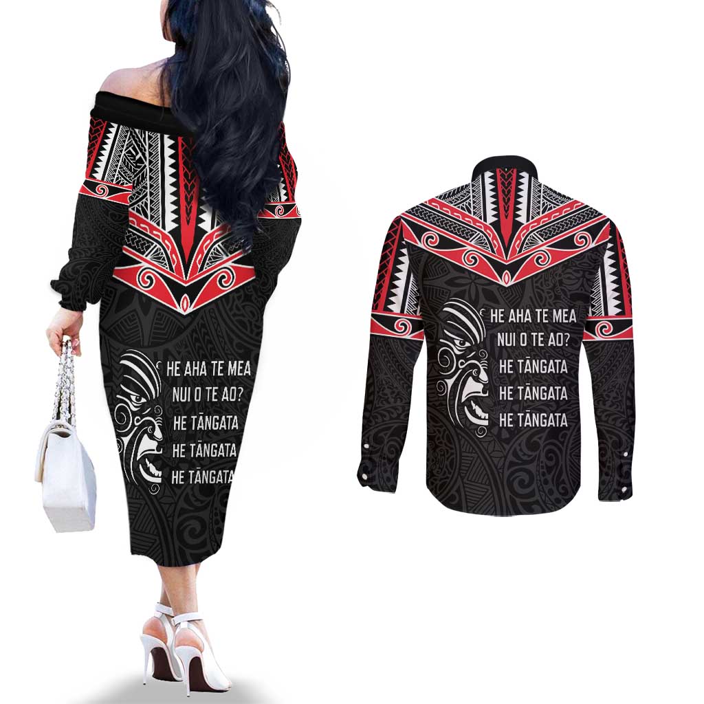 Aotearoa Toitu Te Tiriti Couples Matching Off The Shoulder Long Sleeve Dress and Long Sleeve Button Shirt New Zealand Honour The Treaty LT05 - Polynesian Pride