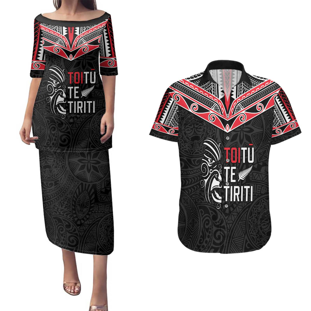 Aotearoa Toitu Te Tiriti Couples Matching Puletasi and Hawaiian Shirt New Zealand Honour The Treaty LT05 Black - Polynesian Pride