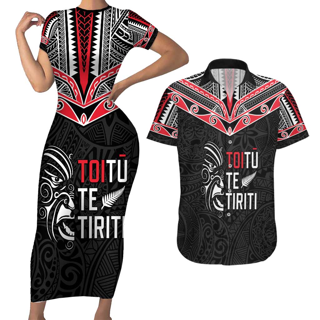 Aotearoa Toitu Te Tiriti Couples Matching Short Sleeve Bodycon Dress and Hawaiian Shirt New Zealand Honour The Treaty LT05 Black - Polynesian Pride