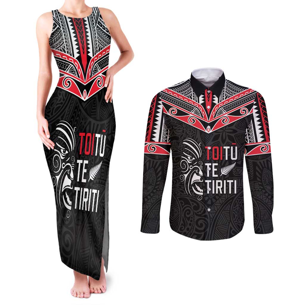 Aotearoa Toitu Te Tiriti Couples Matching Tank Maxi Dress and Long Sleeve Button Shirt New Zealand Honour The Treaty LT05 Black - Polynesian Pride