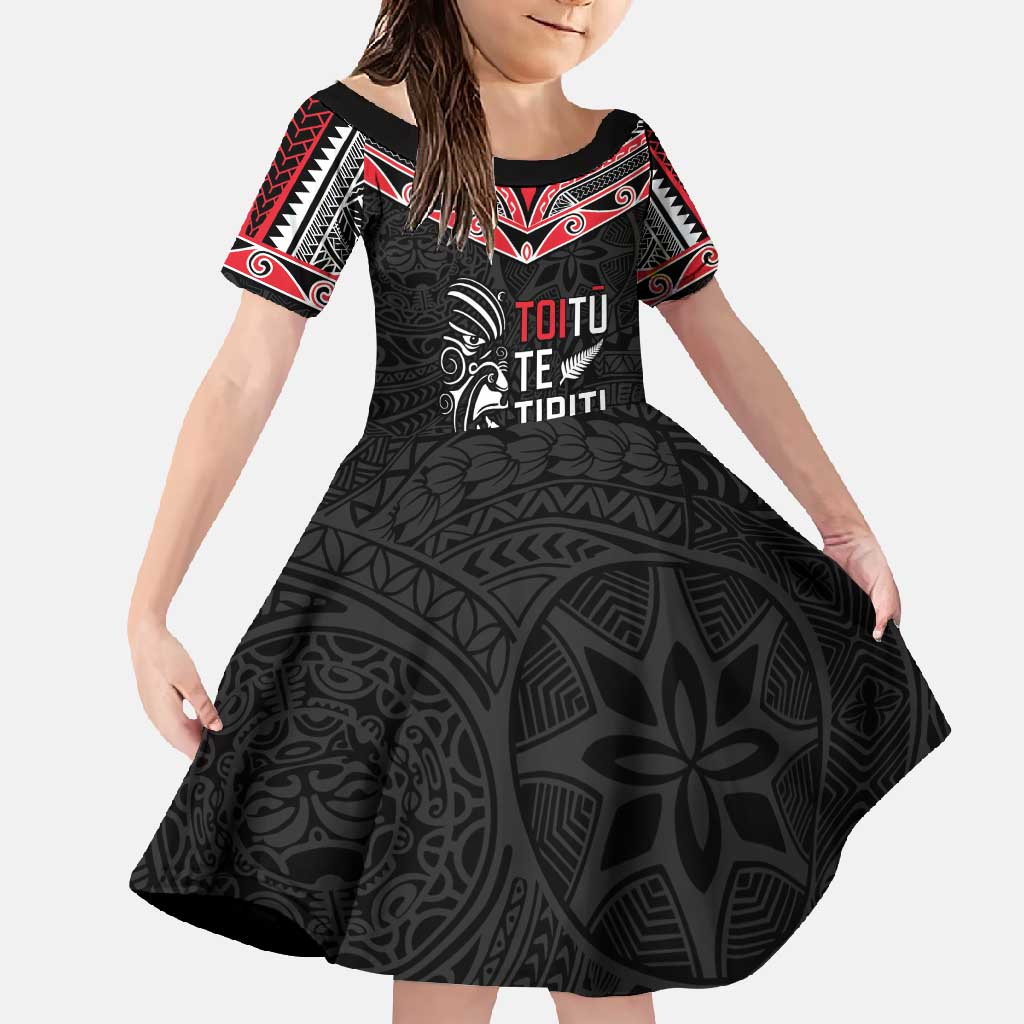 Aotearoa Toitu Te Tiriti Family Matching Long Sleeve Bodycon Dress and Hawaiian Shirt New Zealand Honour The Treaty LT05 Daughter's Dress Black - Polynesian Pride