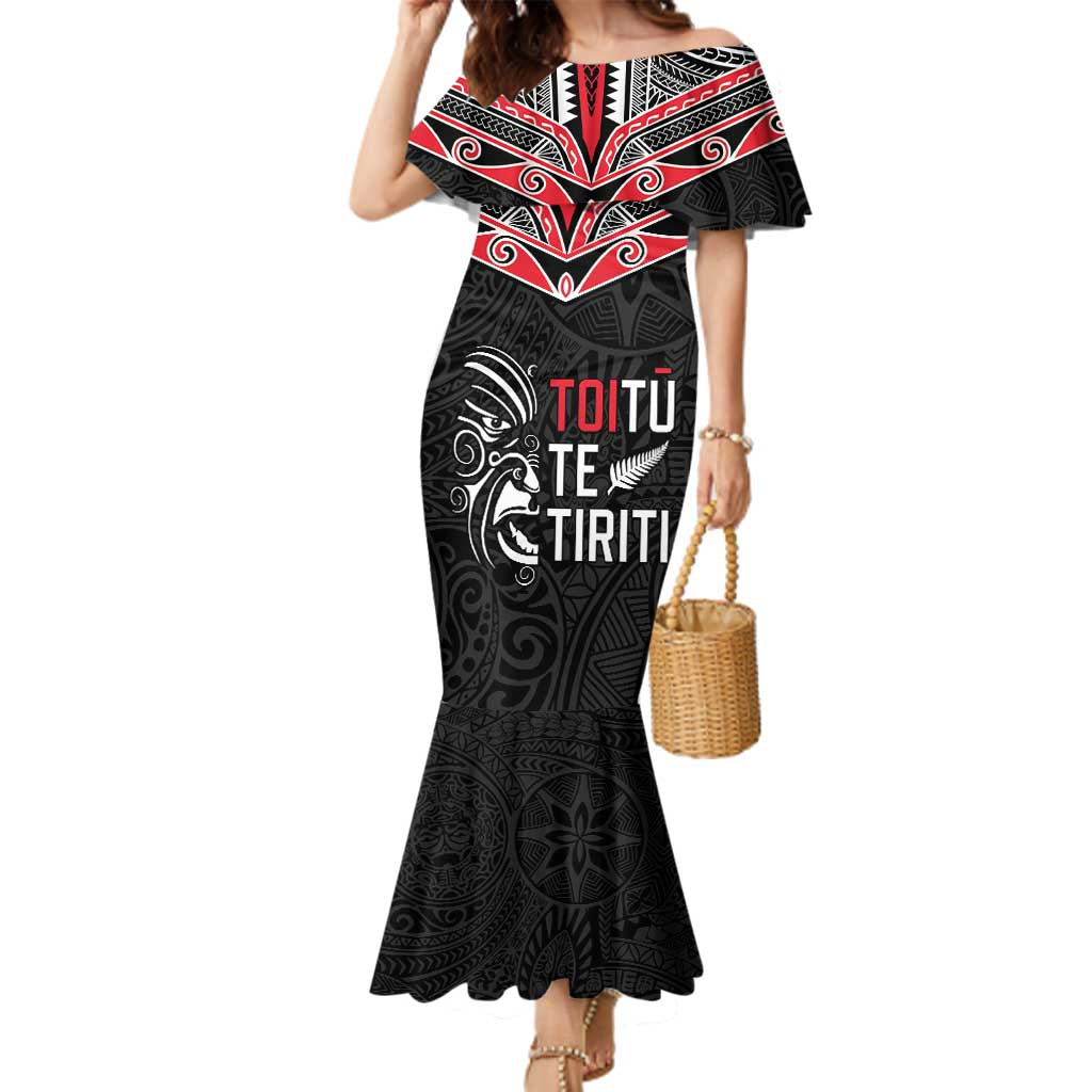 Aotearoa Toitu Te Tiriti Family Matching Mermaid Dress and Hawaiian Shirt New Zealand Honour The Treaty LT05 Mom's Dress Black - Polynesian Pride