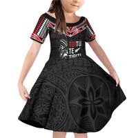 Aotearoa Toitu Te Tiriti Family Matching Off Shoulder Short Dress and Hawaiian Shirt New Zealand Honour The Treaty LT05 Daughter's Dress Black - Polynesian Pride