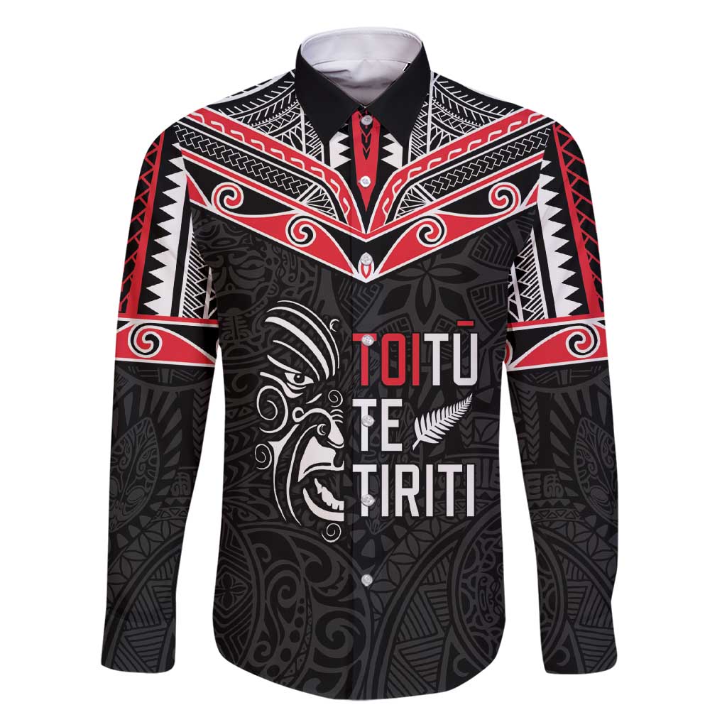 Aotearoa Toitu Te Tiriti Family Matching Short Sleeve Bodycon Dress and Hawaiian Shirt New Zealand Honour The Treaty LT05 Dad's Shirt - Long Sleeve Black - Polynesian Pride