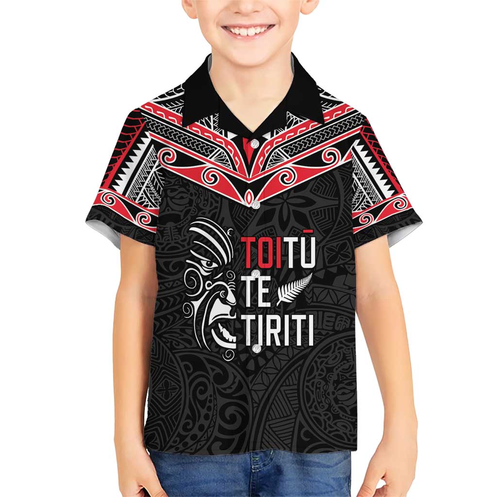Aotearoa Toitu Te Tiriti Family Matching Short Sleeve Bodycon Dress and Hawaiian Shirt New Zealand Honour The Treaty LT05 Son's Shirt Black - Polynesian Pride