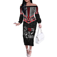 Aotearoa Toitu Te Tiriti Off The Shoulder Long Sleeve Dress New Zealand Honour The Treaty LT05 Women Black - Polynesian Pride