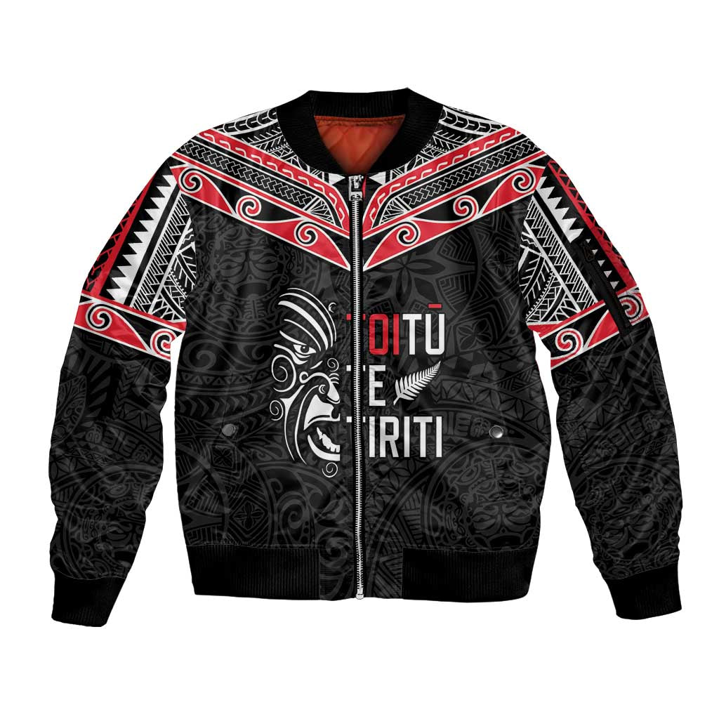 Aotearoa Toitu Te Tiriti Sleeve Zip Bomber Jacket New Zealand Honour The Treaty LT05 Unisex Black - Polynesian Pride