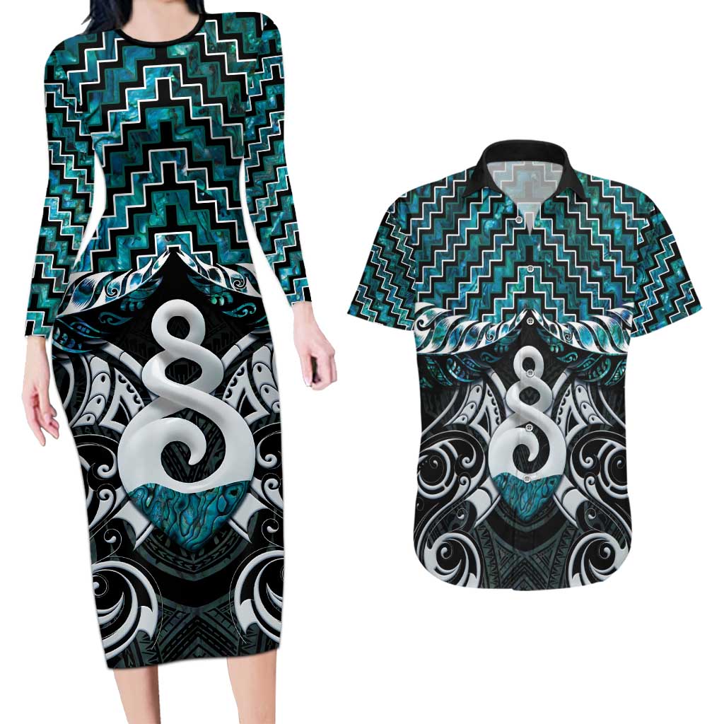 New Zealand Maori Couples Matching Long Sleeve Bodycon Dress and Hawaiian Shirt Poutama Pikorua Turquoise Paua Shell LT05 Turquoise - Polynesian Pride