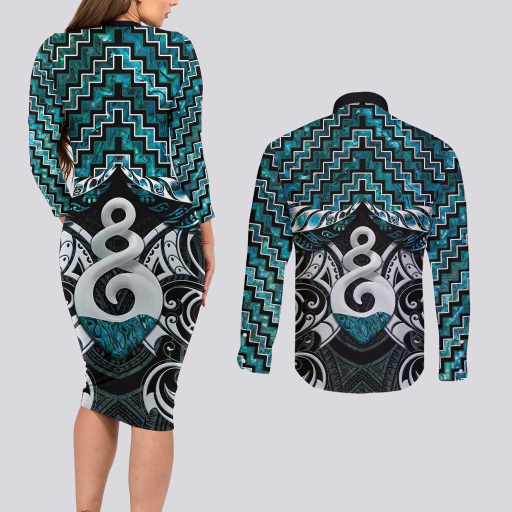 New Zealand Maori Couples Matching Long Sleeve Bodycon Dress and Long Sleeve Button Shirt Poutama Pikorua Turquoise Paua Shell LT05 - Polynesian Pride