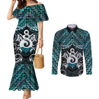 New Zealand Maori Couples Matching Mermaid Dress and Long Sleeve Button Shirt Poutama Pikorua Turquoise Paua Shell LT05 Turquoise - Polynesian Pride