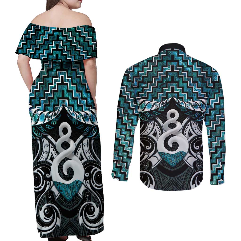 New Zealand Maori Couples Matching Off Shoulder Maxi Dress and Long Sleeve Button Shirt Poutama Pikorua Turquoise Paua Shell LT05 - Polynesian Pride