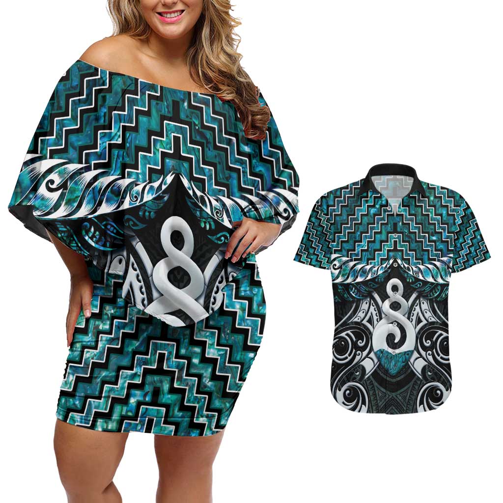 New Zealand Maori Couples Matching Off Shoulder Short Dress and Hawaiian Shirt Poutama Pikorua Turquoise Paua Shell LT05 Turquoise - Polynesian Pride