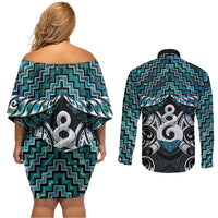 New Zealand Maori Couples Matching Off Shoulder Short Dress and Long Sleeve Button Shirt Poutama Pikorua Turquoise Paua Shell LT05 - Polynesian Pride