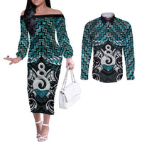 New Zealand Maori Couples Matching Off The Shoulder Long Sleeve Dress and Long Sleeve Button Shirt Poutama Pikorua Turquoise Paua Shell LT05 Turquoise - Polynesian Pride