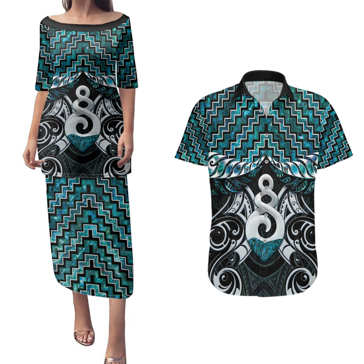 New Zealand Maori Couples Matching Puletasi and Hawaiian Shirt Poutama Pikorua Turquoise Paua Shell LT05 Turquoise - Polynesian Pride