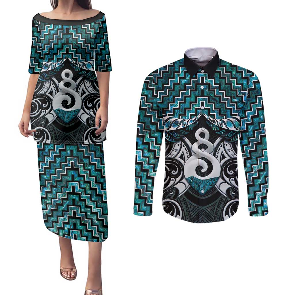 New Zealand Maori Couples Matching Puletasi and Long Sleeve Button Shirt Poutama Pikorua Turquoise Paua Shell LT05 Turquoise - Polynesian Pride