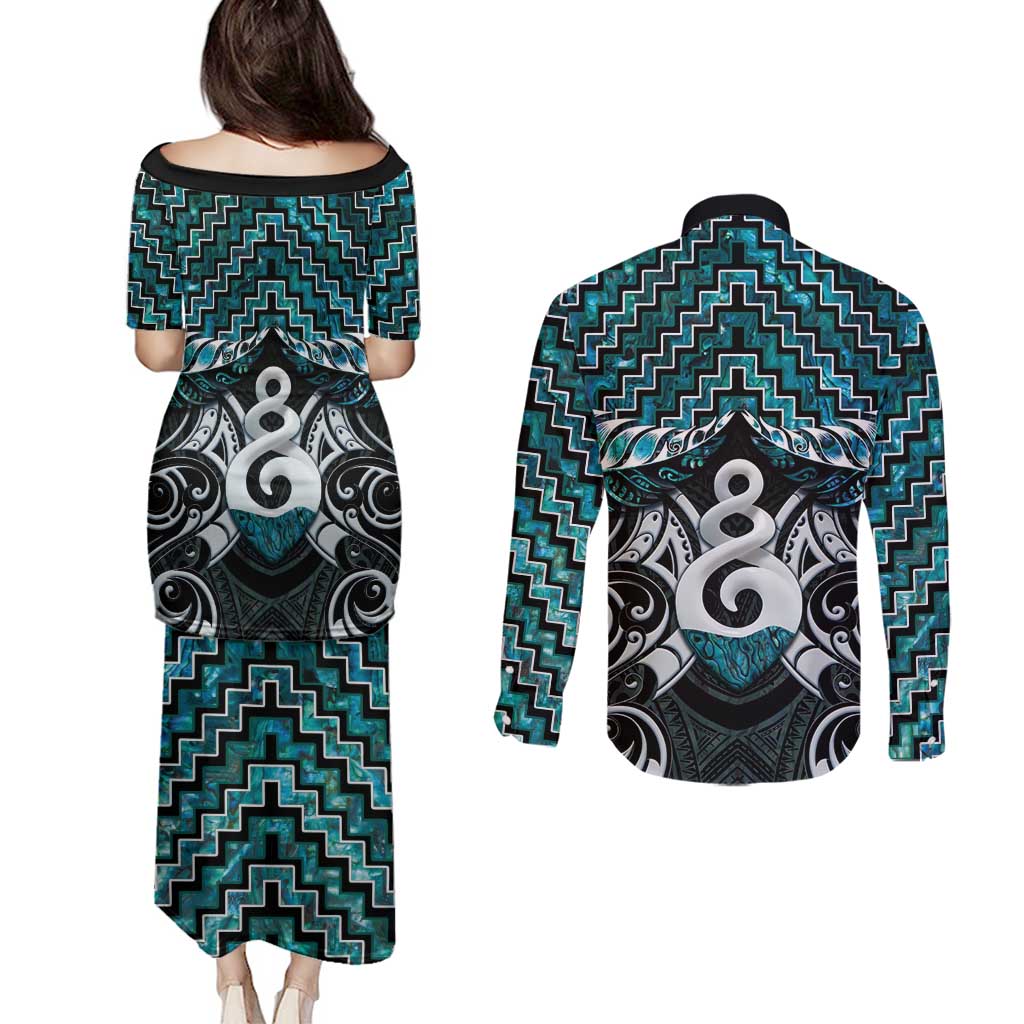 New Zealand Maori Couples Matching Puletasi and Long Sleeve Button Shirt Poutama Pikorua Turquoise Paua Shell LT05 - Polynesian Pride
