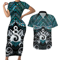 New Zealand Maori Couples Matching Short Sleeve Bodycon Dress and Hawaiian Shirt Poutama Pikorua Turquoise Paua Shell LT05 Turquoise - Polynesian Pride