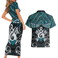 New Zealand Maori Couples Matching Short Sleeve Bodycon Dress and Hawaiian Shirt Poutama Pikorua Turquoise Paua Shell LT05 - Polynesian Pride