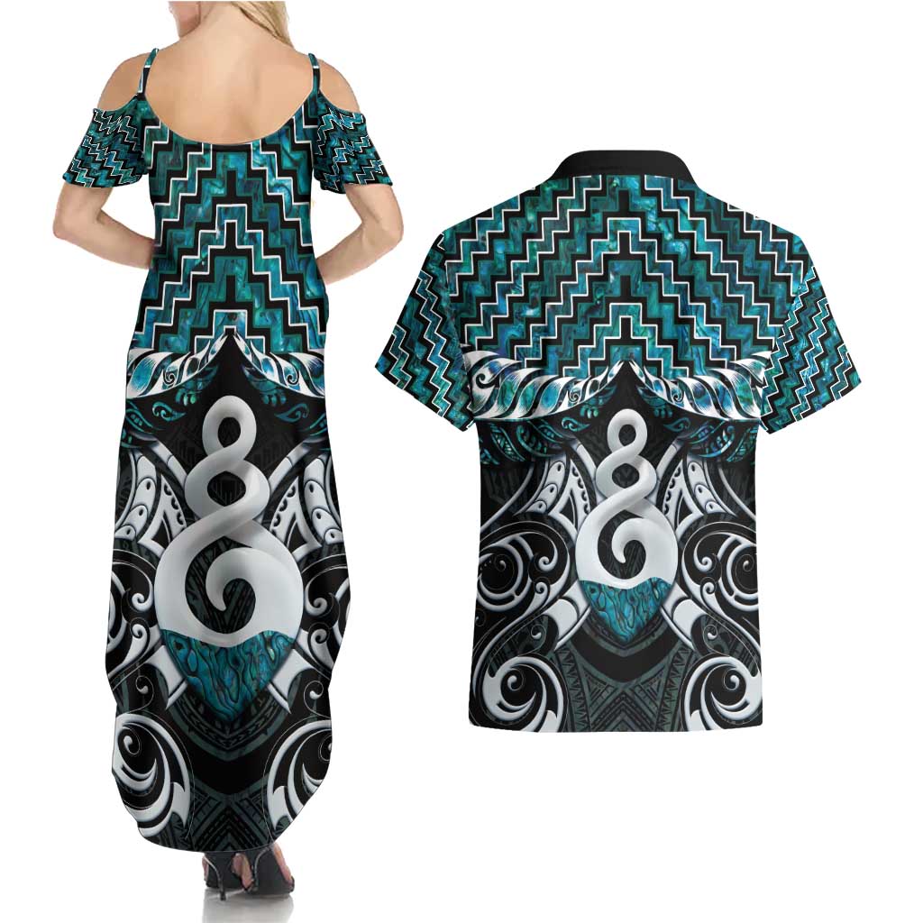 New Zealand Maori Couples Matching Summer Maxi Dress and Hawaiian Shirt Poutama Pikorua Turquoise Paua Shell LT05 - Polynesian Pride
