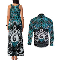 New Zealand Maori Couples Matching Tank Maxi Dress and Long Sleeve Button Shirt Poutama Pikorua Turquoise Paua Shell LT05 - Polynesian Pride