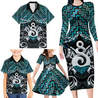 New Zealand Maori Family Matching Long Sleeve Bodycon Dress and Hawaiian Shirt Poutama Pikorua Turquoise Paua Shell LT05 - Polynesian Pride