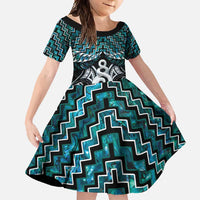 New Zealand Maori Family Matching Mermaid Dress and Hawaiian Shirt Poutama Pikorua Turquoise Paua Shell LT05 Daughter's Dress Turquoise - Polynesian Pride