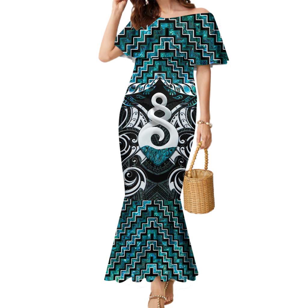 New Zealand Maori Family Matching Mermaid Dress and Hawaiian Shirt Poutama Pikorua Turquoise Paua Shell LT05 Mom's Dress Turquoise - Polynesian Pride