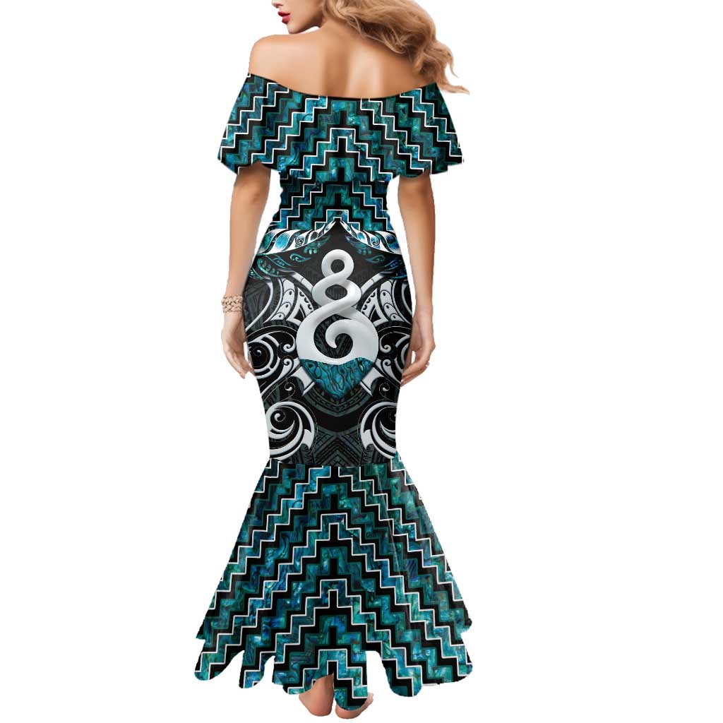 New Zealand Maori Family Matching Mermaid Dress and Hawaiian Shirt Poutama Pikorua Turquoise Paua Shell LT05 - Polynesian Pride