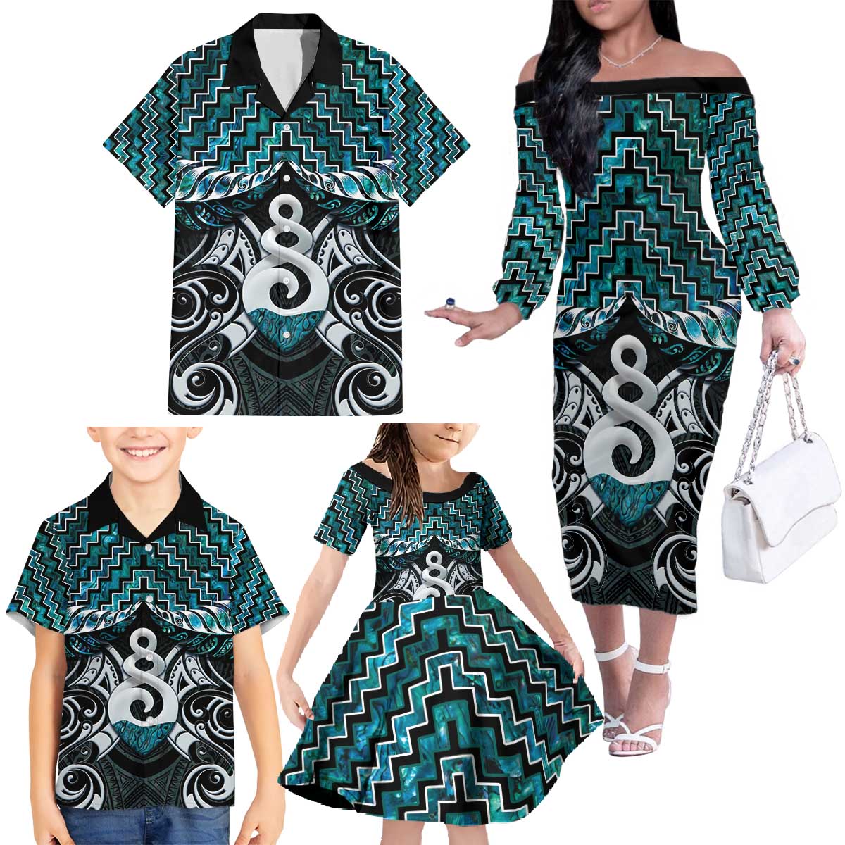 New Zealand Maori Family Matching Off The Shoulder Long Sleeve Dress and Hawaiian Shirt Poutama Pikorua Turquoise Paua Shell LT05 - Polynesian Pride