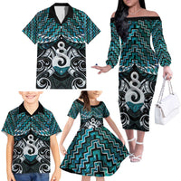 New Zealand Maori Family Matching Off The Shoulder Long Sleeve Dress and Hawaiian Shirt Poutama Pikorua Turquoise Paua Shell LT05 - Polynesian Pride