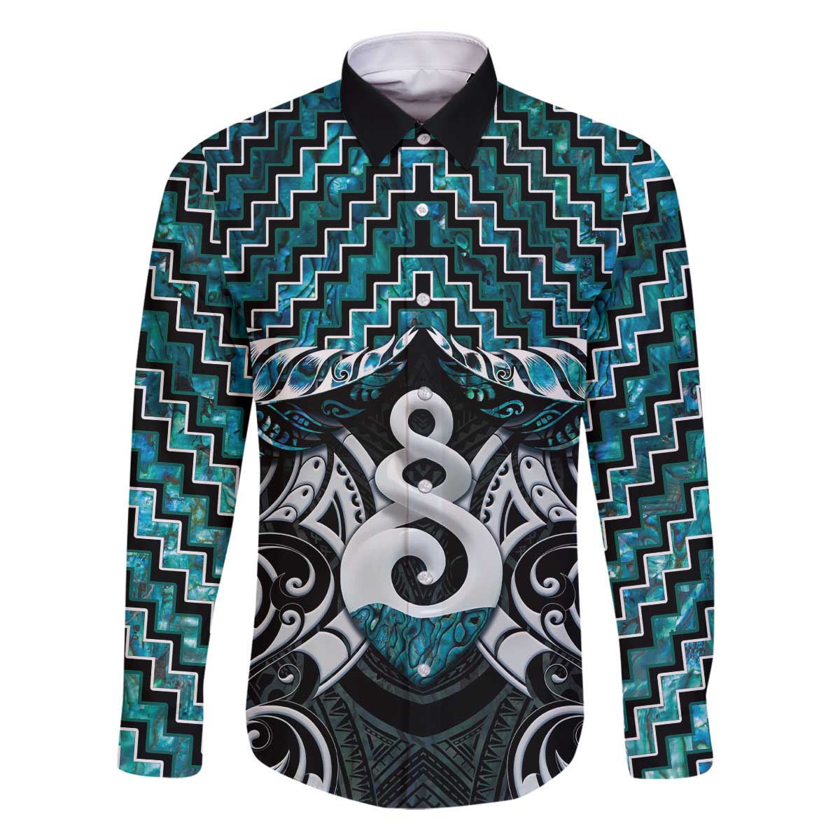 New Zealand Maori Family Matching Off The Shoulder Long Sleeve Dress and Hawaiian Shirt Poutama Pikorua Turquoise Paua Shell LT05 Dad's Shirt - Long Sleeve Turquoise - Polynesian Pride