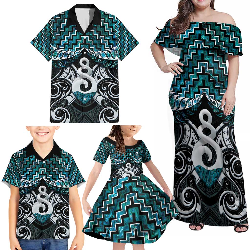 New Zealand Maori Family Matching Off Shoulder Maxi Dress and Hawaiian Shirt Poutama Pikorua Turquoise Paua Shell LT05 - Polynesian Pride