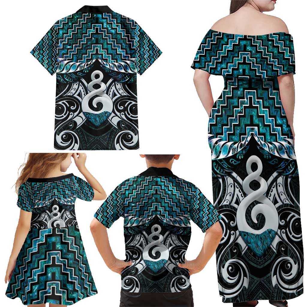 New Zealand Maori Family Matching Off Shoulder Maxi Dress and Hawaiian Shirt Poutama Pikorua Turquoise Paua Shell LT05 - Polynesian Pride