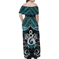 New Zealand Maori Family Matching Off Shoulder Maxi Dress and Hawaiian Shirt Poutama Pikorua Turquoise Paua Shell LT05 - Polynesian Pride