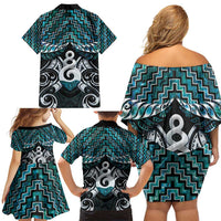 New Zealand Maori Family Matching Off Shoulder Short Dress and Hawaiian Shirt Poutama Pikorua Turquoise Paua Shell LT05 - Polynesian Pride