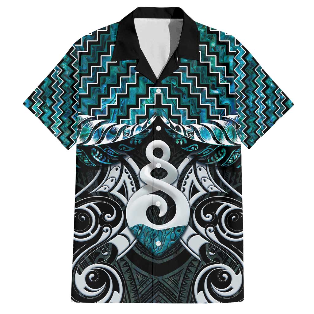 New Zealand Maori Family Matching Off Shoulder Short Dress and Hawaiian Shirt Poutama Pikorua Turquoise Paua Shell LT05 Dad's Shirt - Short Sleeve Turquoise - Polynesian Pride