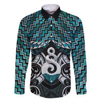 New Zealand Maori Family Matching Off Shoulder Short Dress and Hawaiian Shirt Poutama Pikorua Turquoise Paua Shell LT05 Dad's Shirt - Long Sleeve Turquoise - Polynesian Pride