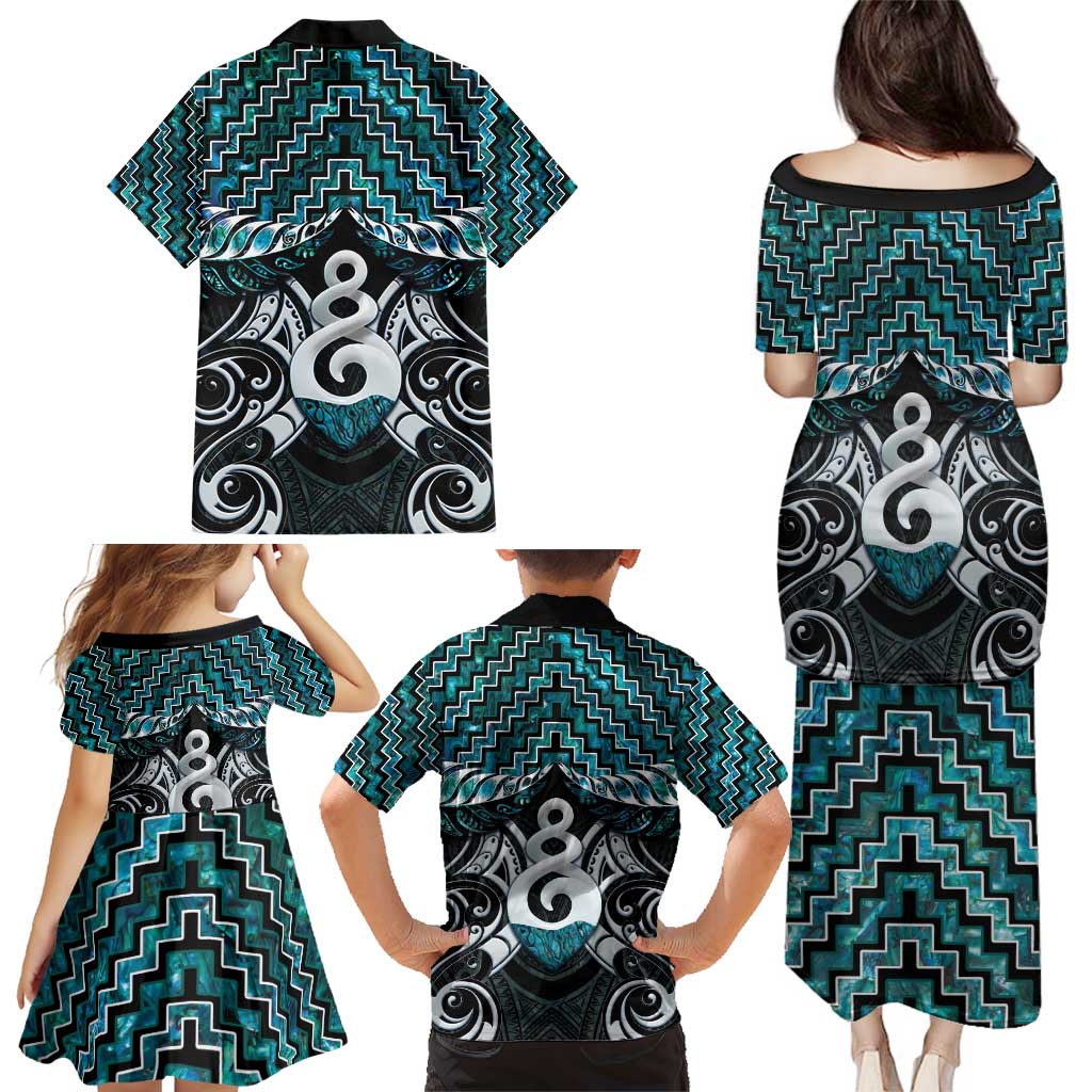 New Zealand Maori Family Matching Puletasi and Hawaiian Shirt Poutama Pikorua Turquoise Paua Shell LT05 - Polynesian Pride