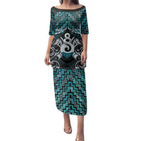 New Zealand Maori Family Matching Puletasi and Hawaiian Shirt Poutama Pikorua Turquoise Paua Shell LT05 Mom's Dress Turquoise - Polynesian Pride