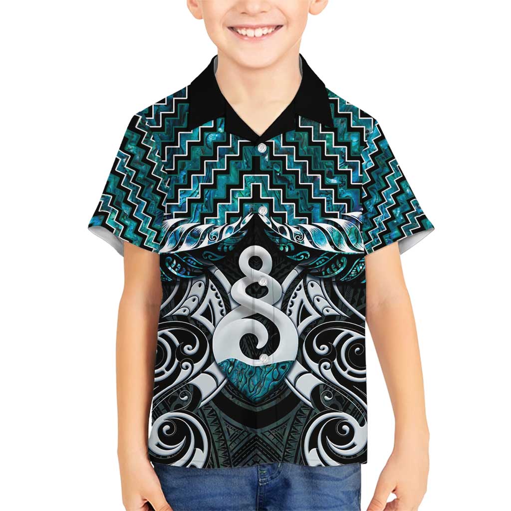 New Zealand Maori Family Matching Puletasi and Hawaiian Shirt Poutama Pikorua Turquoise Paua Shell LT05 Son's Shirt Turquoise - Polynesian Pride