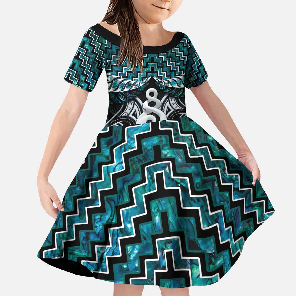 New Zealand Maori Family Matching Short Sleeve Bodycon Dress and Hawaiian Shirt Poutama Pikorua Turquoise Paua Shell LT05 Daughter's Dress Turquoise - Polynesian Pride